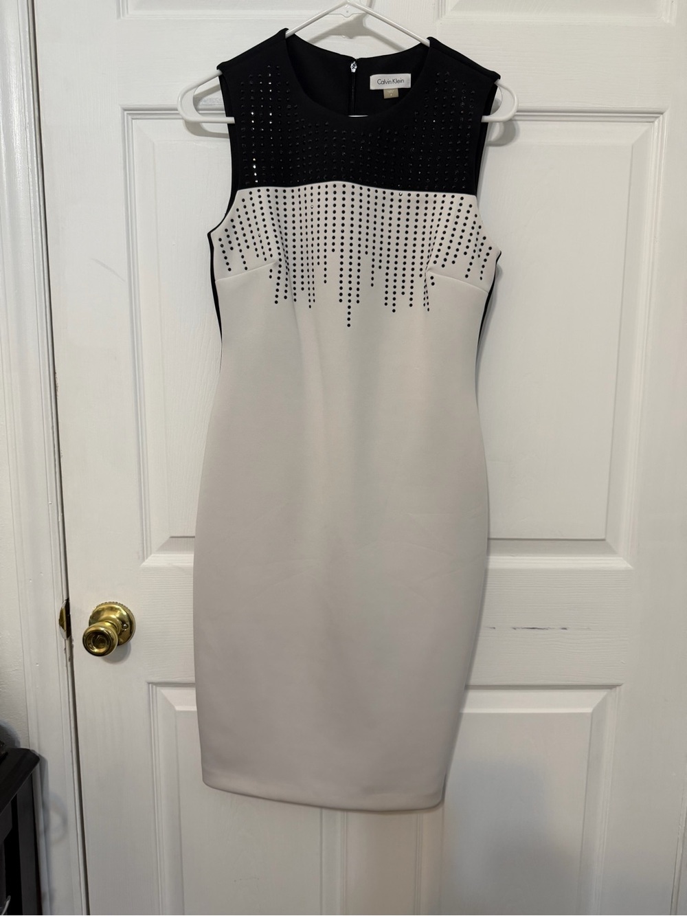 Calvin Klein Black and Cream Midi Sheath Dress with Stud Accents